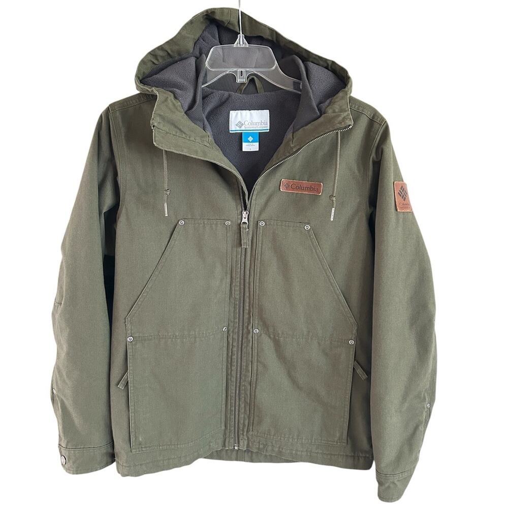 Columbia Mens Hooded Canvas Jacket Fleece Lined Olive Green Small Workwear EUC